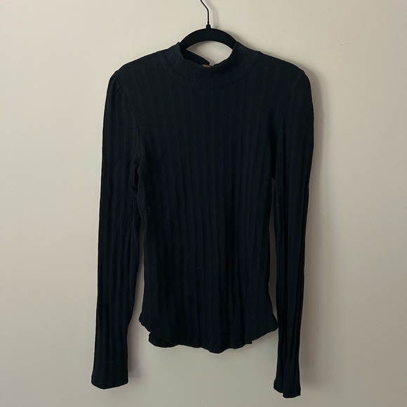 Free People Tops - Free People Black Ribbed Long Sleeve Top with Tie Scarf Detail Size Large